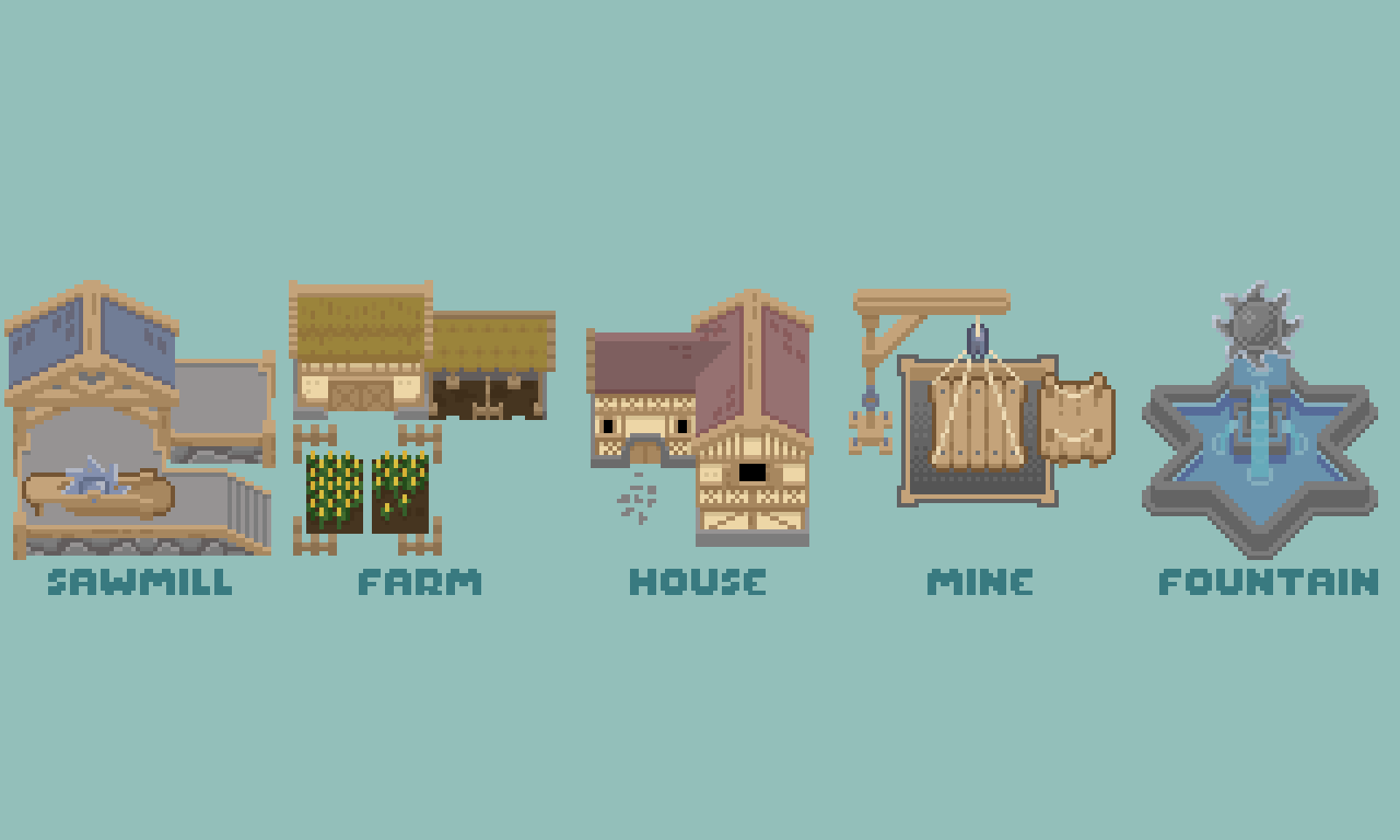 A picture with multiple sprites of buildings