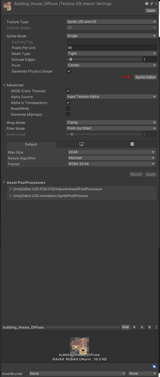 A screenshot of unity's inspector while selection a sprite. It shows the button opening the sprite editor.