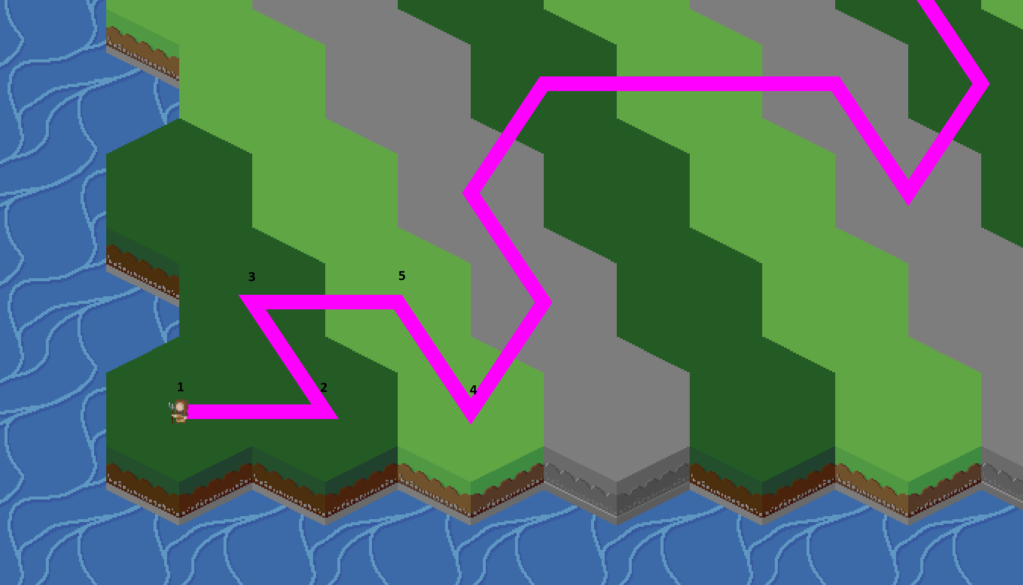 A screenshot of a hexagonal tilemap with the same path but zoomed in with tiles numbered from 1 to 5.