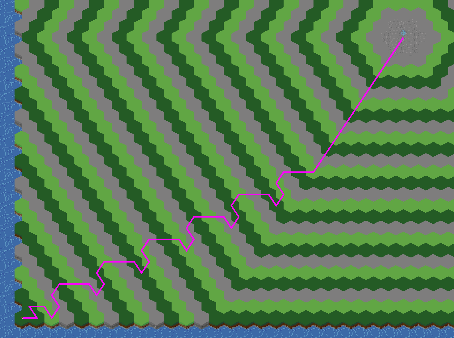 A screenshot of a hexagonal tilemap showing a path computed with a pathfinding algorithm. The path should be straight but takes some detours.