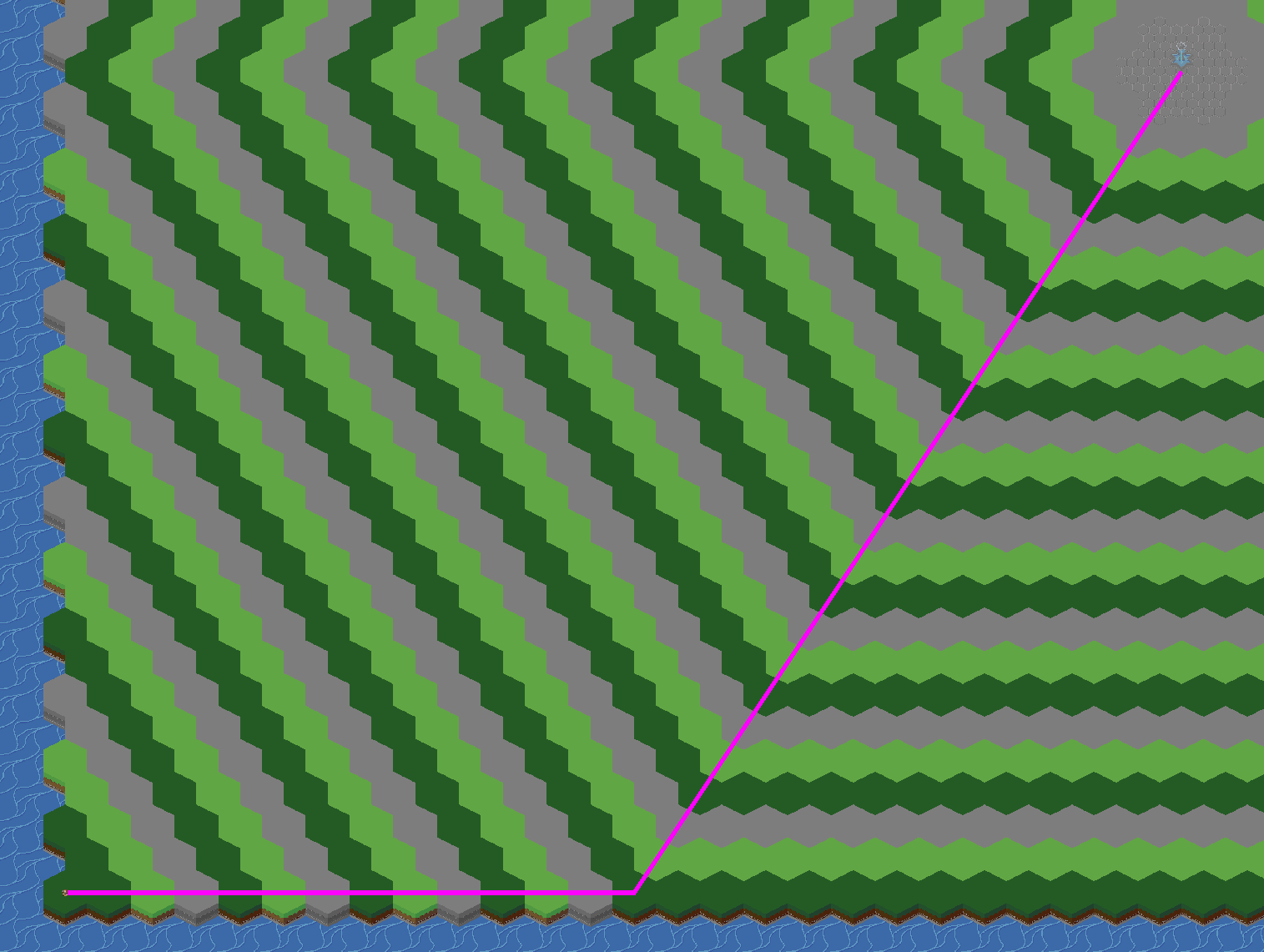 A screenshot of a hexagonal tilemap with a straight path to the target.