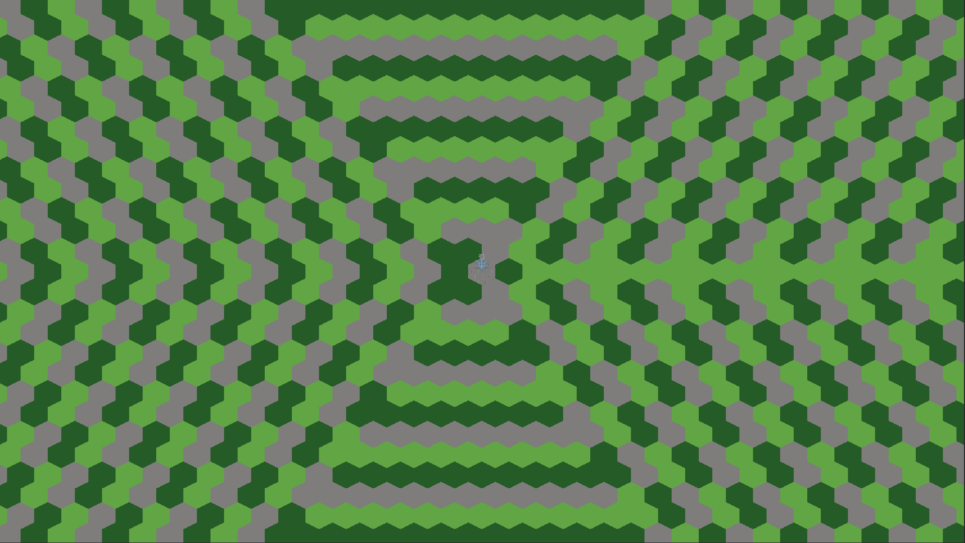 A screenshot of my game showing a tile pattern which does not correspond to the expected concentric circles. For tiles above and below the center, we start to see straight lines appear in the pattern. For tiles left and right of the center, we see the previous pattern.