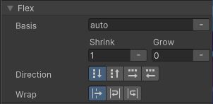 A screenshot of the "flex" settings section. From there you can modify the component's bahavior regarding its children.