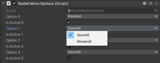 Unity component view of the radial menu. Each variation of the menu has to be manually set up in the inspector.