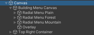 Unity component hierarchy of the radial menu. It is massive and shows that the component is hard-coded and replicated three times with variations.