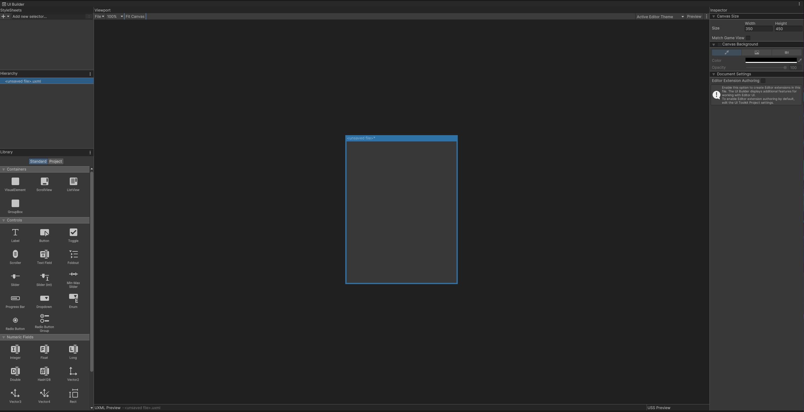 A view of the UI builder editor window of UI Toolkit