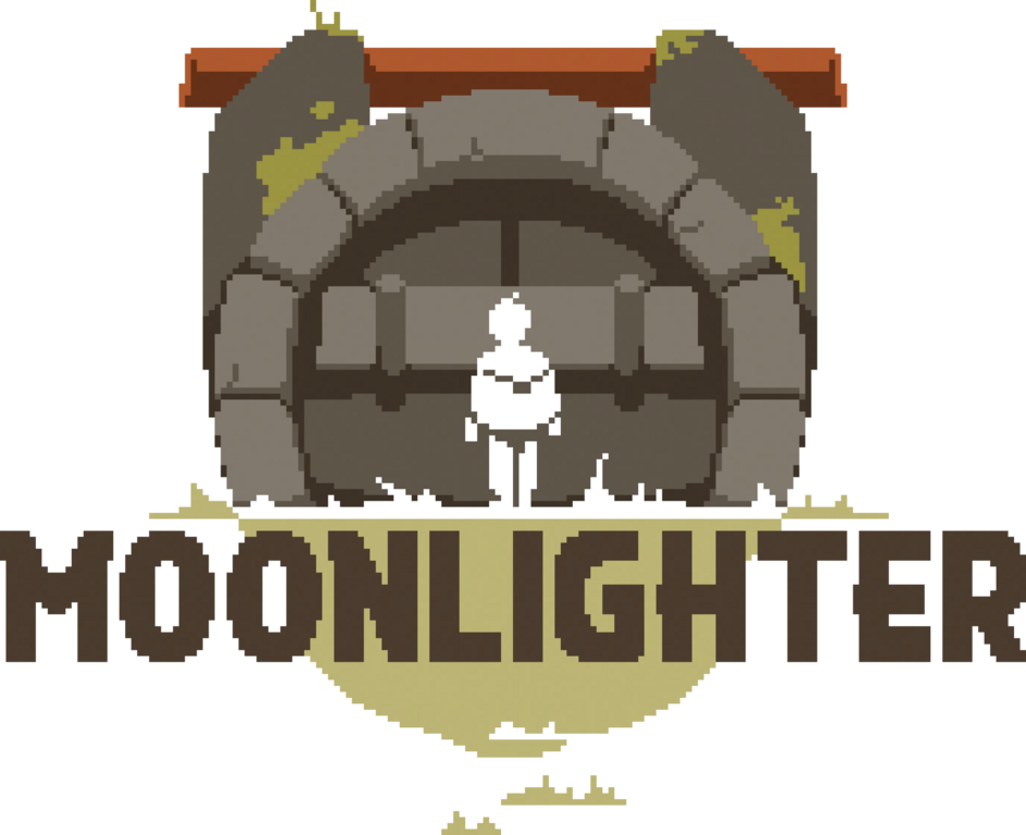 The logo of moonlighter, the silhouette of the main character, seen from behind, in front of the gate of a dungeon