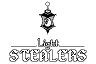 the logo of the game, a black lantern with a white flame highlighting its surroundings with the name Light stealers written under it.