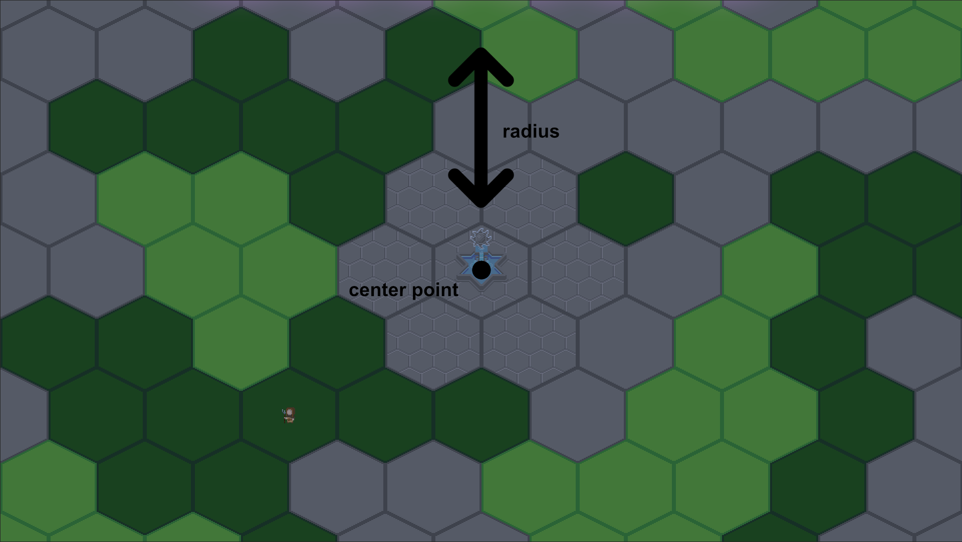 graph of the map with a center point and a radius