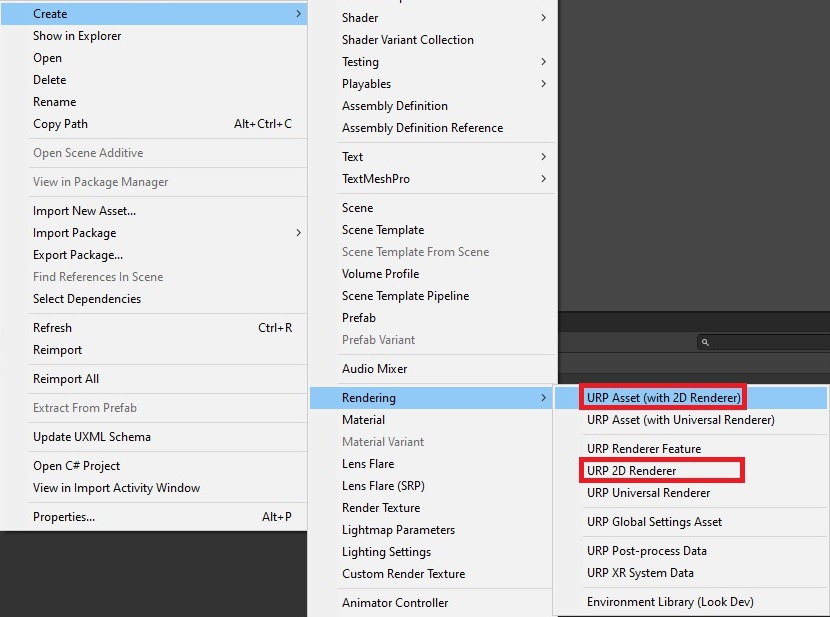 A screenshot of the create menu in Unity. It shows the Universal RP asset and its renderer.