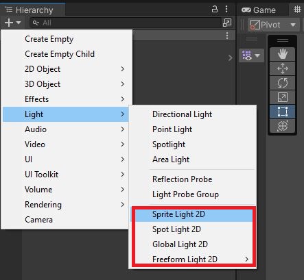 A screenshot of the hierarchy create menu in Unity. It shows the four 2d light components.