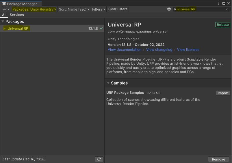 A screenshot of the package manager in Unity. It shows the Universal RP package.