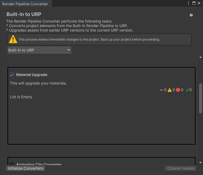 A screenshot of the URP asset converter menu.