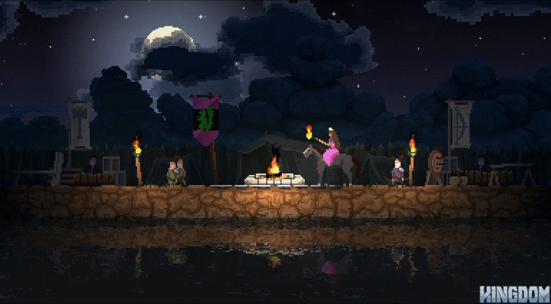 A screenshot of the game kingdom showing the center of the village at night.