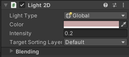A screenshot of the light2d component in Unity. Amongst other it has an intensity and a colour parameter.