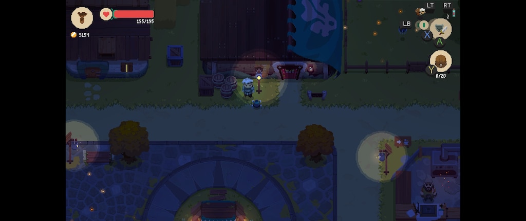 A screenshot of the game moonlighter showing the center of the village at night.