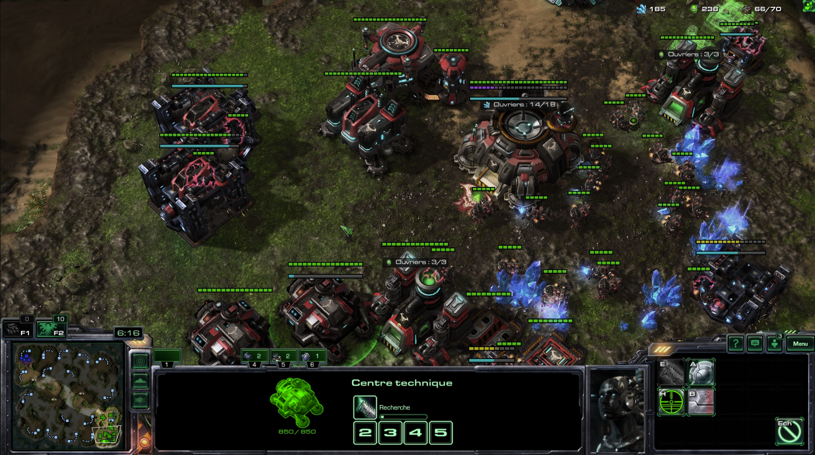 "A screenshot of the game starcraft 2 featuring a terran base where you can see healthbars above units."